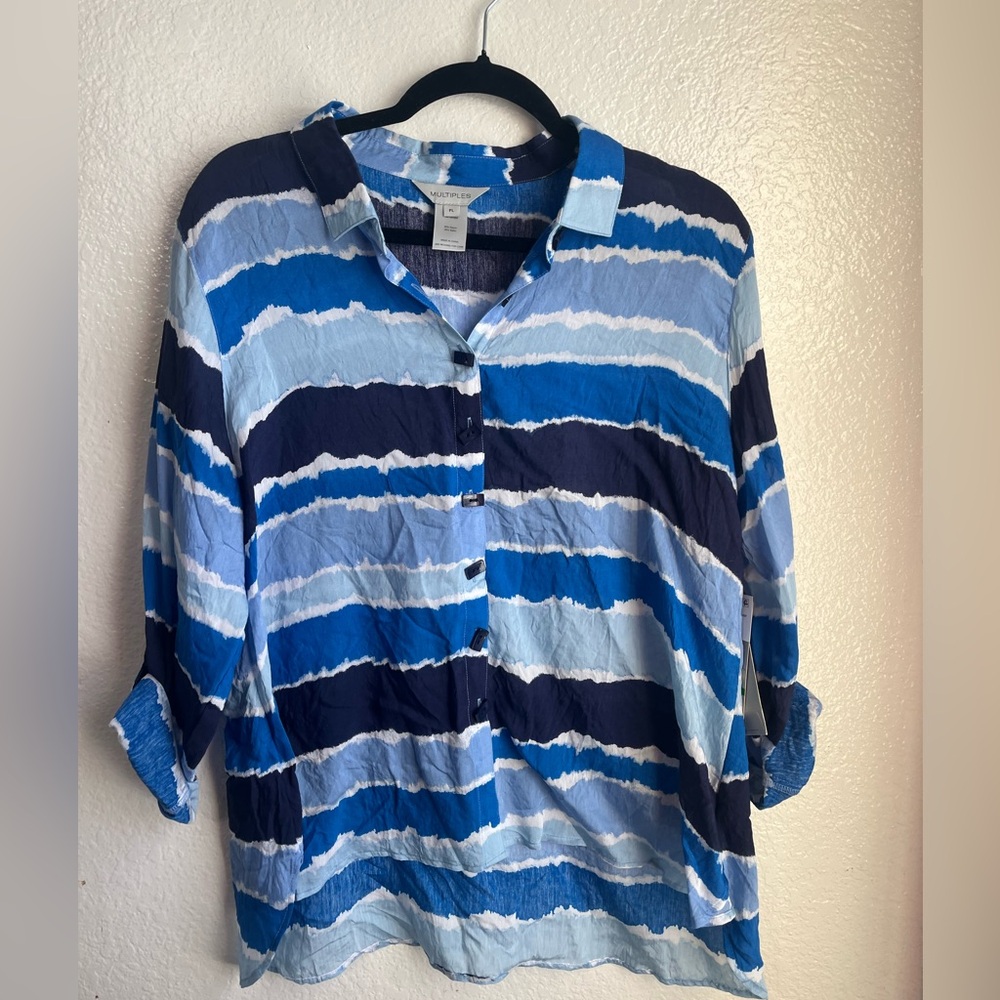 Multiples Women’s Blue and White Water Color Striped Button Down Shirt